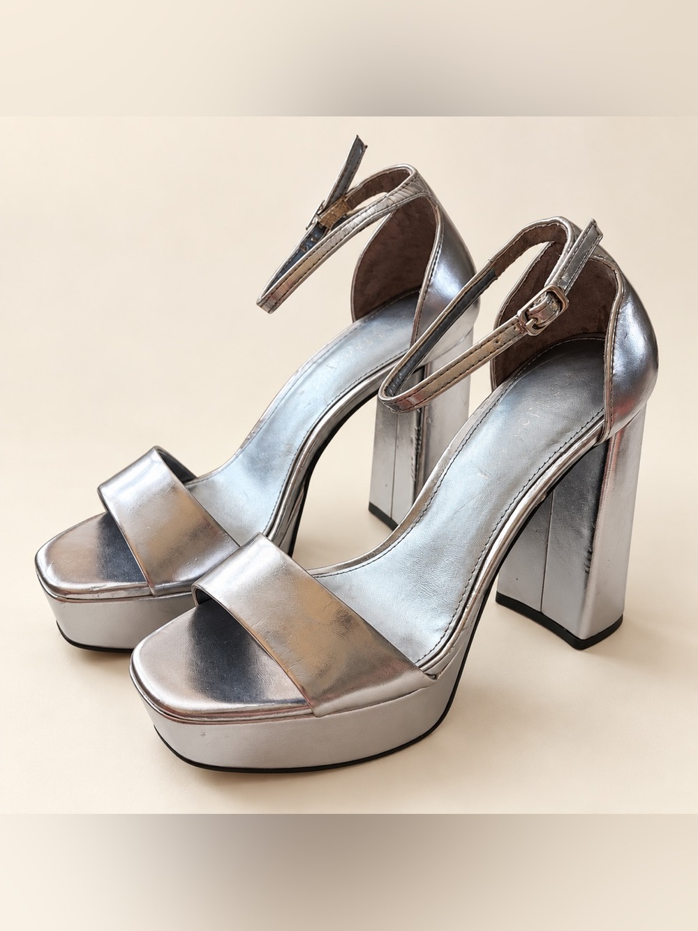Madden Girl Omega Silver Metallic Platform Block Heel Sandals 6.5